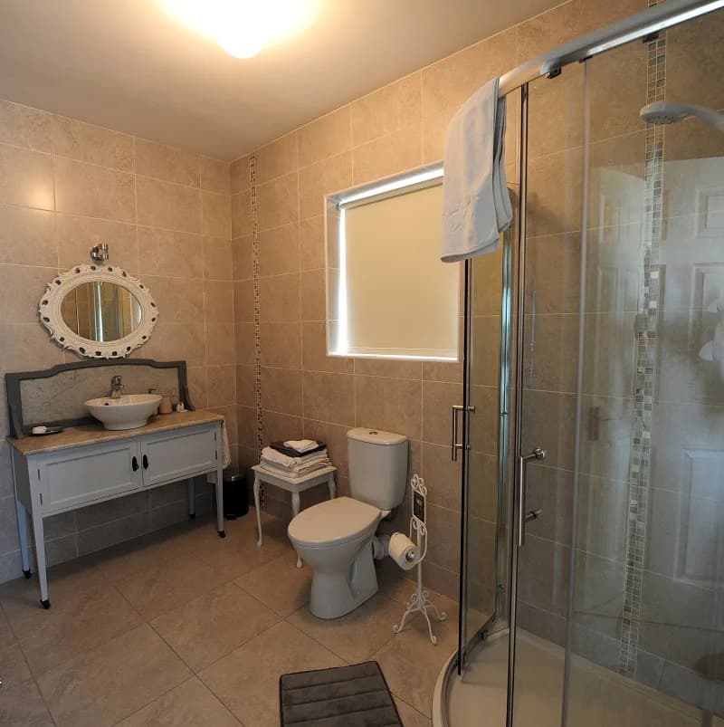 The bathroom for Room 3, with a corner shower, washbasin and mirror